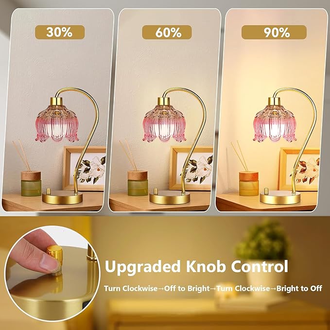 Pink Table Lamp Set of 2,Small Gold Bedside Lamps Dimmable Boho Bedroom Lamp with Tulip Flower Glass Lamp Shade,Vintage Mid Century Modern Mini Nightstand Lamp for Bedroom Living Room