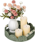 CubesLand Round Scalloped Decorative Centerpiece Tray for Coffee Table, Home Decor, Living Room - Green Tray w/Wooden Handle – Warm and Elegant for Holidays, Housewarmings - Candle Plate Holder