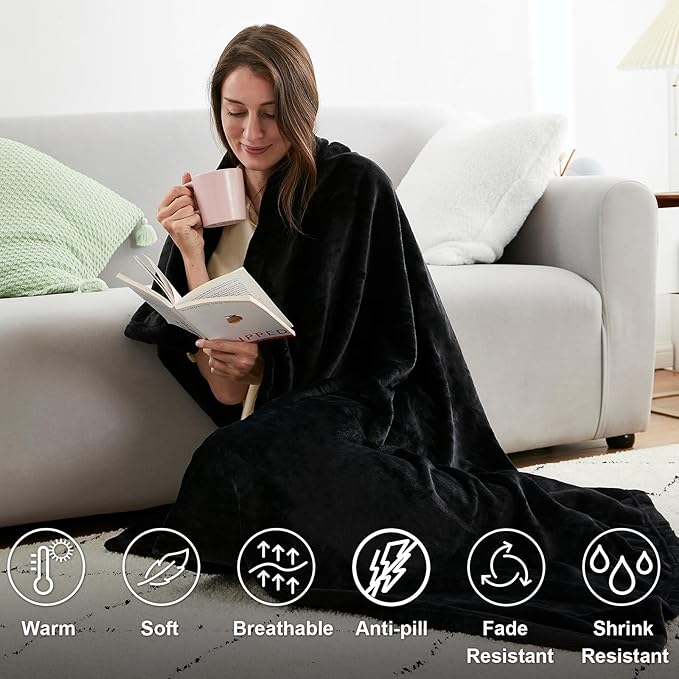 Hansleep Fleece Black Throw Blanket, Super Soft Flannel Fuzzy Plush Cozy Blanket for All Seasons, Black, Throw 50x60 Inches
