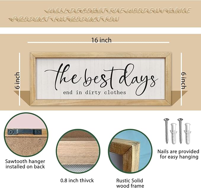 comurdyo Laundry Sign Wall Decor 16"×6" The Best Days End In Dirtiest Clothes Funny Laundry Room Bathroom Wood Framed Hanging Wall Art (Wood)