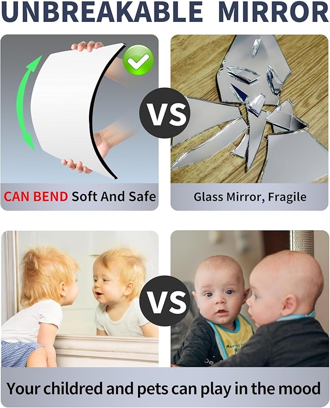 Unbreakable Mirror for Wall, Full Body Mirror for Kids, 4Pack 10 x10 inch, Shatterproof Plexiglass Long Mirrors Fores Bedroom Closet, Children Plastic Mirrors Non Glass Stick on Mirro