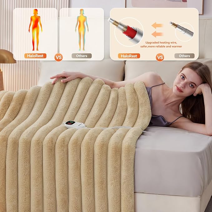 Heated Blanket King Size, Faux Fur Cozy Heating Blanket with Overheat Protection, 1/2/4/6/8 Hours Auto-Off 10 Heat Level, Machine Washable (90x100 Inches, Beige)