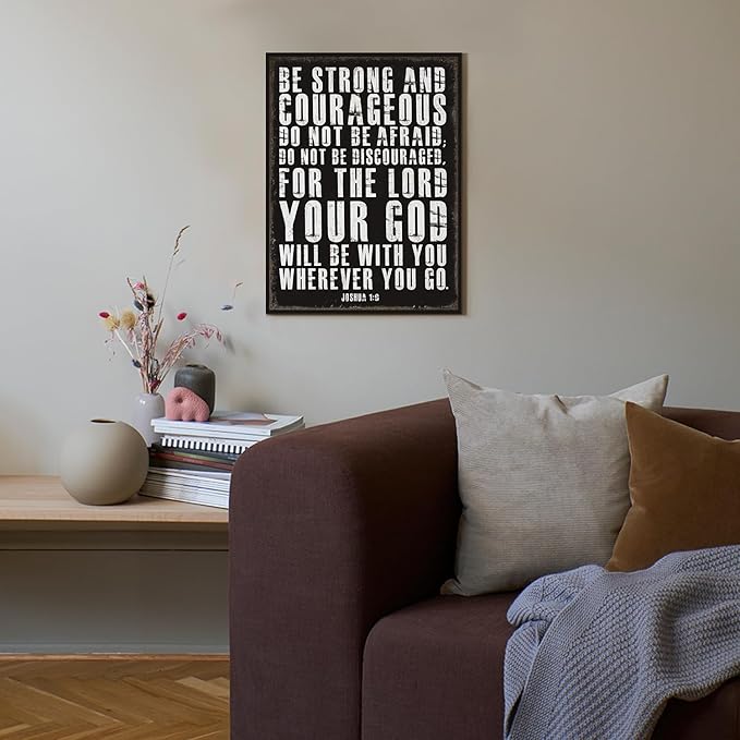 Retro Christian Wall Art Be Strong and Courageous Bible Verses Wall Decor Scripture Canvas Prints Art Religious Inspirational Words Sign for Office Bathroom Bedroom Rustic Christian Home Decor 12x16
