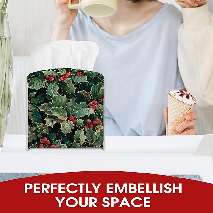 Holly Berries Christmas Tissue Box Cover Holder, Green Leather Tissue Box Cover Square, Xmas Gift Ideas for Family Friends, Bathroom Kitchen Car Office Home Table Decor(5.2 Inches)-B09