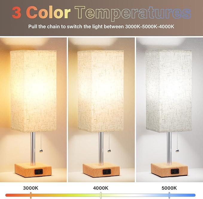 Fenmzee Table Lamp for Bedroom Set of 2 Nightstand - 3 Color Bedside Lamps with AC Outlets for Charging, Square Wooden Night Stand Light Lamp for Living Room, Office Desk