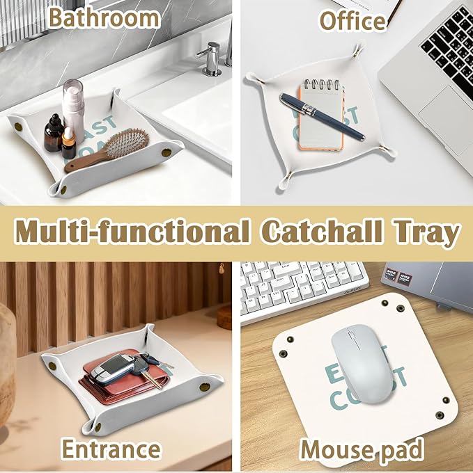 Coastal East Coast Jewelry Valet Tray for Women, Beach Lovers Gifts PU Leather Catchall Beside Caddy Nightstand Organizer Tray for Jewelry Rings Watches and Accessories, 7.87x7.87in