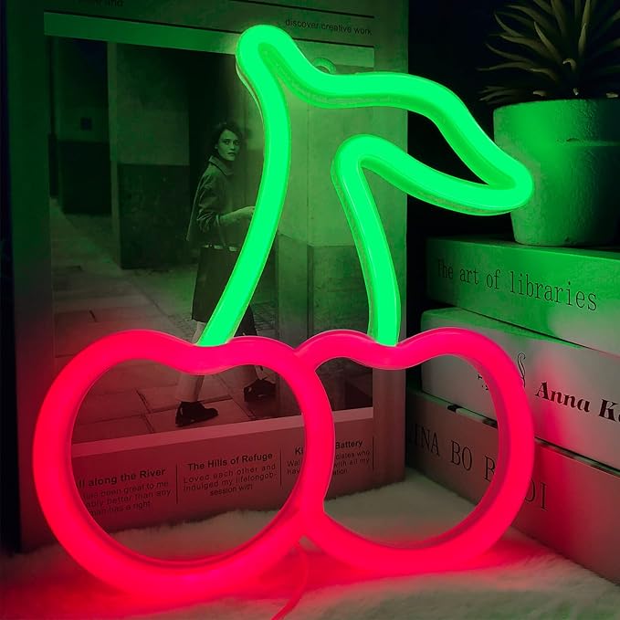 Cherry Neon Sign Red Green Cherries Neon Lights 7.5 * 8.9IN Cherry Neon Signs for Wall Decor, Cute Fruits LED Signs for Kids Room Restaurant Bar Fruit Shop Home