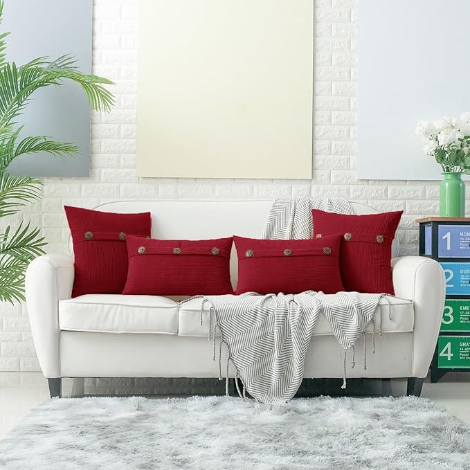 HWY 50 Red Chenille Throw Pillow Covers 20x20 Inch with Triple Buttons, Soft Farmhouse Accent Decorative Cushion Cases for Couch Sofa Bed Living Room Pack of 2
