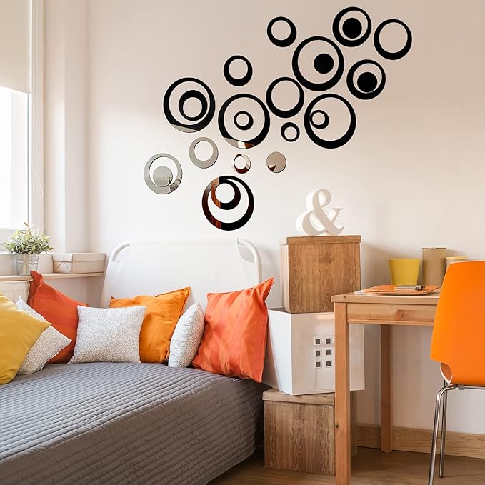Outus 72 Pieces Acrylic Circle Mirror Wall Sticker Round Wall Decor Decals Removable DIY Adhesive for Living Room Bedroom Home Decoration(Black,Sliver,Gold)