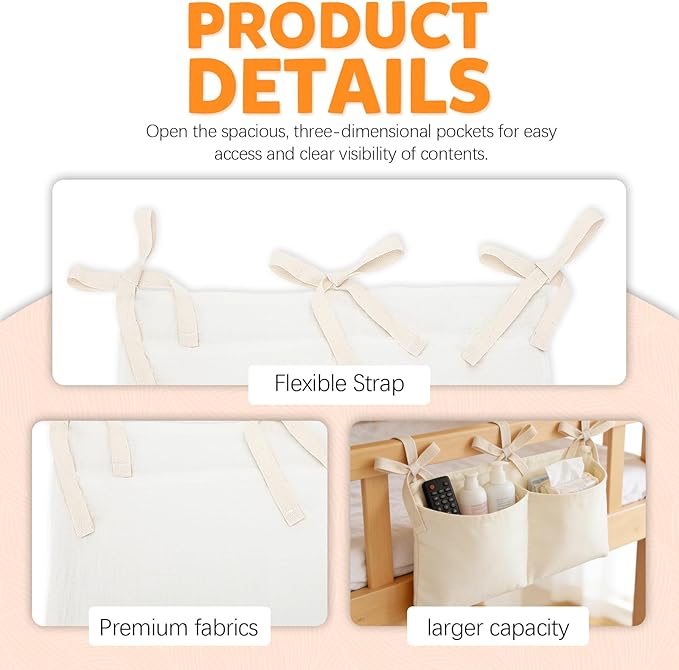 2 Pieces Solid ColorBedside Caddy with 2 Pockets, Bedside Hanging Storage Organizer, Dorm Rooms Bunk Bed Storage Bag for Home Phone Remote Control Key Glasses (Light Tan, White)