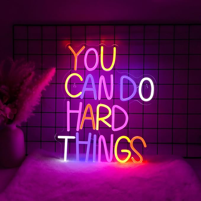 Neon Lights for Wall Decor - You Can Do Hard Things Neon Signs for Bedroom Classroom, Inspirational and Postive Led Neon Light sign for Libairy, Dorm, Kids' Room, Dimmable Switch USB Power, Adhesive Hook Included
