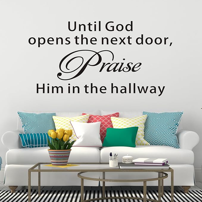 Bible Verse Wall Stickers for Bedroom: Christian Quotes Inspirational Vinyl Art Wall Decals for Living Room Kitchen - Until God Opens The Next Door 21" X 11"