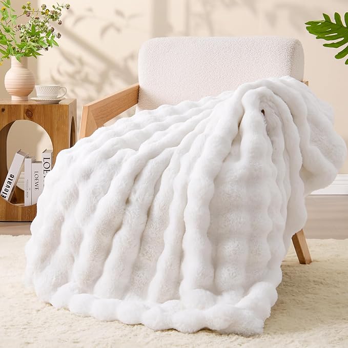 BEDELITE Faux Fur Cream Throw Blanket, Soft Cozy Plush Bubble Blanket for Couch Sofa Bedroom Living Room Decor - 870GSM Thick Warm Fuzzy Fluffy Faux Rabbit Fur Blanket for Women Gift, 50x60 Inches