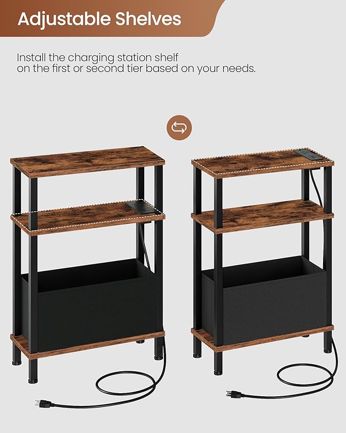 Set of 2 End Tables with Charging Station, Narrow Side Table for Small Spaces, Slim Nightstand with Basket, Skinny Bedside Table, for Living Room, Bedroom, Rustic Brown and Black TBZ07UP2BF