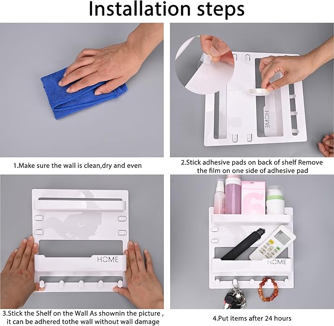 Bedside Wall Shelf Organizer, Floating Bedside Wall Mount with Adhesive for Phone, Remote & Keys, No Drill Small Shelf for Bedroom, Dorm & Small Spaces (White)