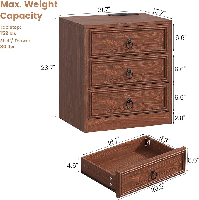Farmhouse Nightstand with Charging Station, 21.7" Wide End Table with 3 Drawers, Cherry Wood Side Table, Bedside Table for Bedroom, Living Room, Sofa