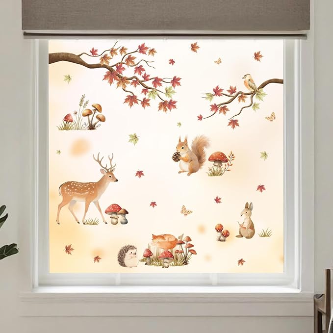 HLNIUC Autumn Forest Animal Double Sided Wall Decal(35”x24”) Cute Deer Rabbit Squirrel Cartoon Wall Sticker,Fall Maple Leaf Forest Theme Art Decal,Fall Jungle Animals for Kids Room Nursery