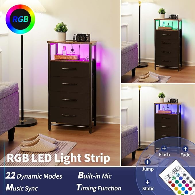 Yoobure Night Stand - LED Nightstand with Charging Station, Tall Dresser for Bedroom, Bedside Table with 4 Fabric Storage Drawers and Storage Shelf, End Table with USB Ports and Outlets