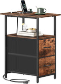 Somdot End Table with Charging Station,Narrow Side Table with 2 Fabric Drawers,Skinny Nightstand with Storage,Small Slim Bedside Table for Living Room,Sofa,Bedroom,Couch,Wood Grain Print