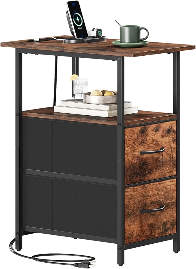 Somdot End Table with Charging Station,Narrow Side Table with 2 Fabric Drawers,Skinny Nightstand with Storage,Small Slim Bedside Table for Living Room,Sofa,Bedroom,Couch,Wood Grain Print