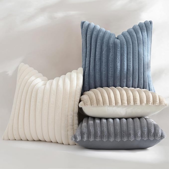 decorUhome Summer Cozy Faux Fur Throw Pillow Covers 12x20 Set of 2 Decorative Soft Plush Striped Lumbar Modern Farmhouse Boho Couch Pillow Cases with Velvet Back for Sofa Bed Living Room, Cream White