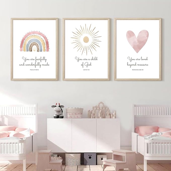 Boho Nursery Wall Art 3 Pieces Bible Verse Nursery Art Christian Girls Nursery Wall Art Heart Rainbow Sun Nursery Art Print Boho Sunshine Decor for Girl Baby Kid Room Decor 12x16 Inch Wood Framed