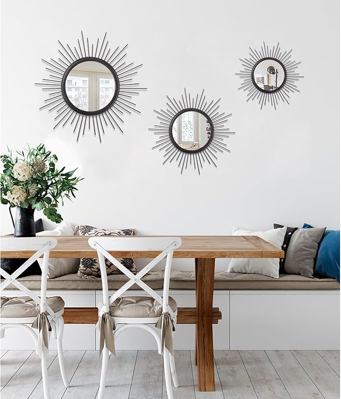 Sunburst Wall Mirror, Black Large Spoked Wall Decor Mirror Bohemian Home Round Modern Metal Wall Art Mirror for Living Room Hallway Bedroom Bathroom 24" x 24"