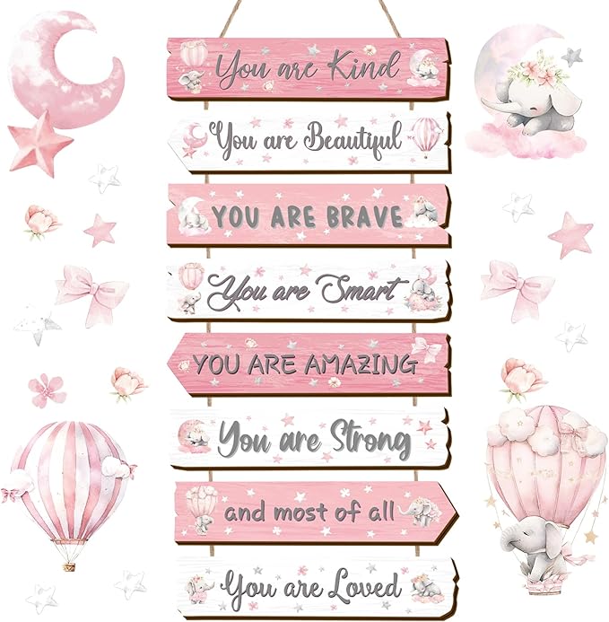 Inspirational Girl Room Decor Aesthetic Art Wall Hanging Sign Inspiring Colorful Rainbow Wooden Decoration for Kids Teens Toddler Boy Baby Bedroom Nursery Dorm Decor, 6-12 Years old (Elephant)