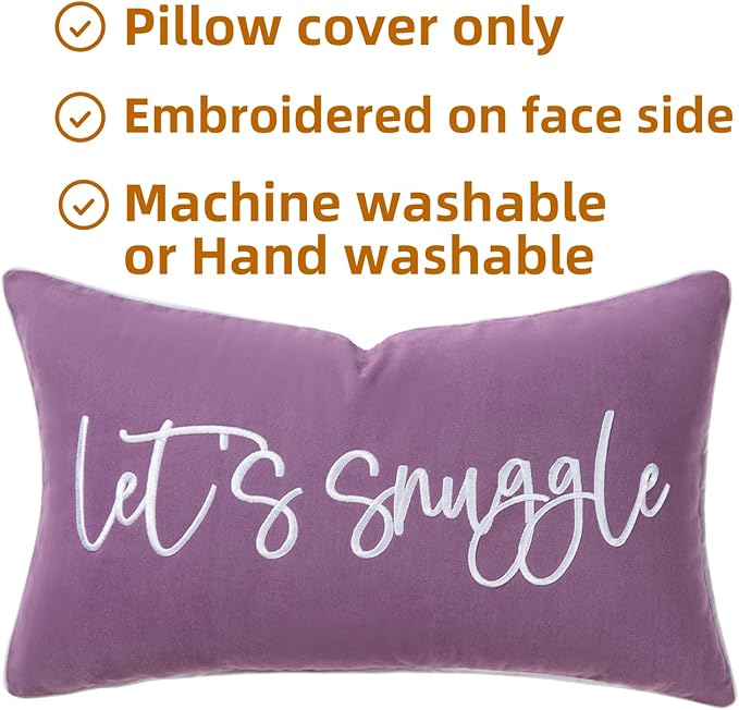 Sunkifover Let's Snuggle Decorative Lumbar Pillow Cover - 14x24 Inch Purple and White Cotton Embroidery Throw Pillowcase for Bed, Bedroom, Living Room, Home Decor