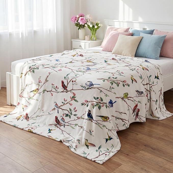 Horaldaily Spring Summer Flannel Blanket Throw, Birds Branch White Floral Soft Fuzzy Plush Cozy Fleece Blankets for Couch Sofa Bed Lounging, Ideal Gifts for Kids Adults Self, 60x80