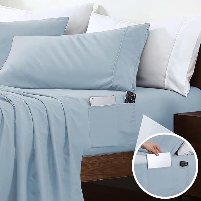 Swift Home Smart Sheets, Ultra Soft Brushed Microfiber 4-Piece Sheet Set, Fitted Bed Sheet with Side Storage Pockets – Blue Fog, Queen