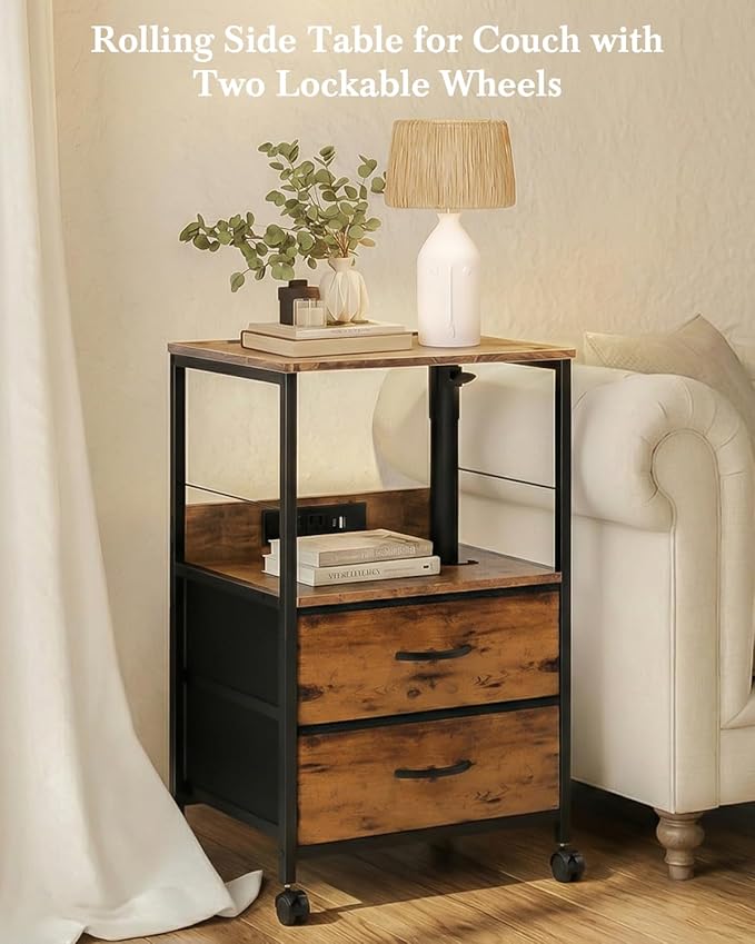 360° Swivel Nightstand with Height Adjustable, Lift Top Bedside Table with Charging Station, Rolling Night Stand with 2 Fabric Drawers, End Table with Wheels, for Bedroom, Living Room, Rustic Brown