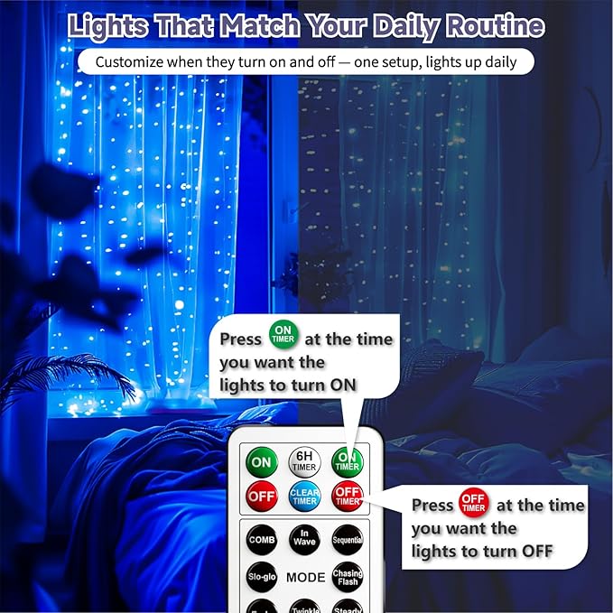 HXWEIYE 300LED Untangled Curtain Lights, 9.8x9.8Ft USB Fairy Twinkle String Lights with Remote and DIY Timer, 8 Modes Window Wall Hanging Light for Bedroom Dorm Backdrop Room Decor, Blue