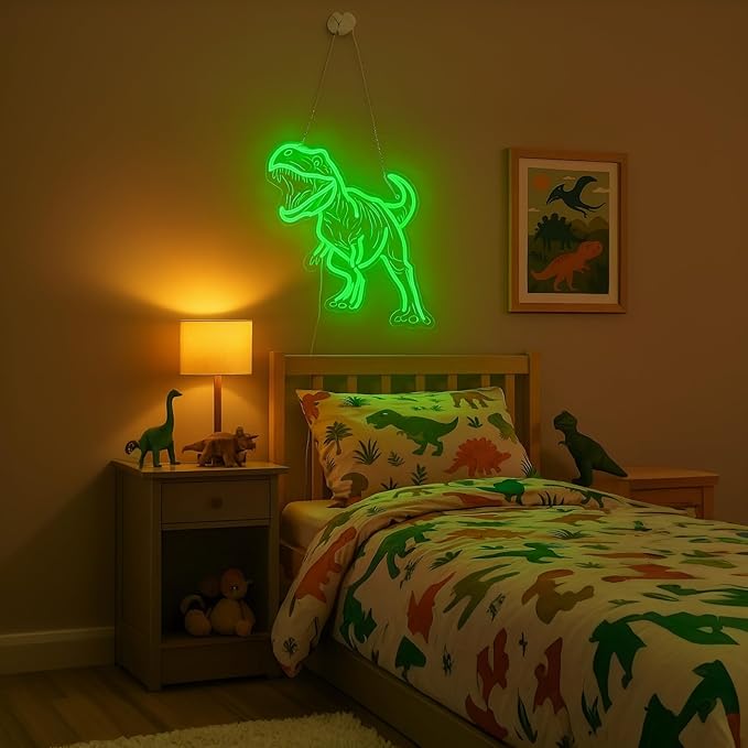 Dinosaur Neon Sign for Wall Decor, USB Dimmable Green LED Night Light for Boys Bedroom, Jurassic Party Decorations, Birthday, Halloween and Christmas Gift, 15.5 x 13 inch