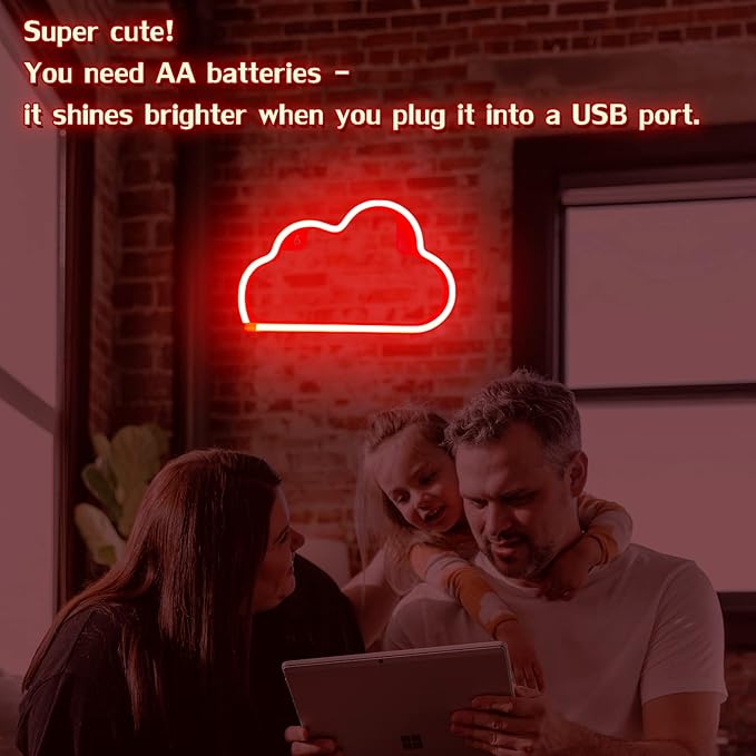 Cloud Neon Sign Red Cloud Light Sign for Wall Decor,Battery or USB Powered Clouds Shaped LED Sign Decoration Lights for Bedroom Aesthetic Teen Girl Kid Room Christmas Birthday Wedding Party