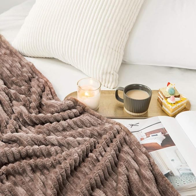 MIULEE Fleece Throw Blanket for Couch 300GSM Super Soft Lightweight Plush Striped Blanket, Brown Warm Cozy Breathable Ribbed Flannel Blanket for Bed/Sofa, Throw Size 50"x60"