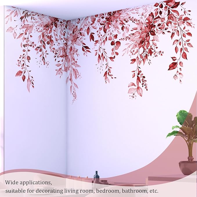 Burgundy Red Plants Leaves Wall Decals Peel and Stick, Large Floral Flowers Vinyl Wall Stickers, Removable Vine Home Decor Art for Bedroom Living Room Classroom Office