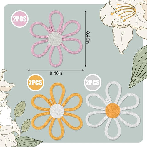 6 Pcs Boho Nursery Daisy Wall Decor, Woven Flowers Wall Hanging Art - Orange Pink and White Boho Floral Room Decor with Lanyard for Office Toddler Baby Little Girls Kids Home Bedroom Above Bed Decor