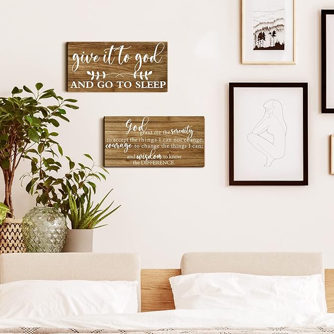 Chunful 2 Pcs Give It to God and Go to Sleep Sign Above Bed Wall Decor Serenity Prayer Sign Prayer Wall Art Rustic Farmhouse Vintage Bedroom Decor for Home(Vintage Style)