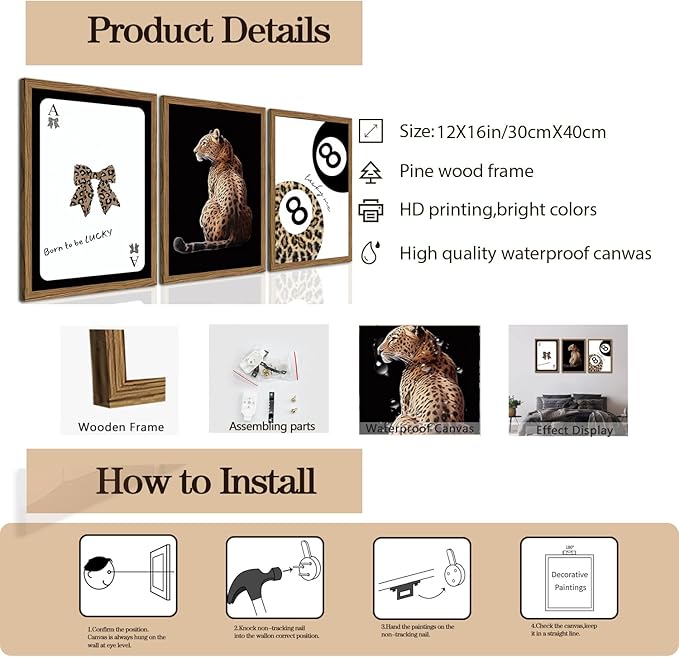 Trendy Cheetah Wall Art Set of 3 Black and White Leopard Bow Wall Decor Painting Lucky 8 Ball Poster Canavs Print Aesthetic for Bedroom Living Room 12x16 inch Wood Framed