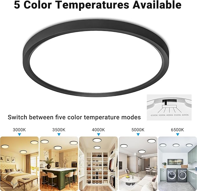 2 Pack LED Flush Mount Ceiling Light,7Inch 15W,3000K/3500K/4000K/5000K/6500K 5 Color Temperatures Ceiling Light Fixture for Kitchen Porch Hallway Bedroom Bathroom and Closet,Black