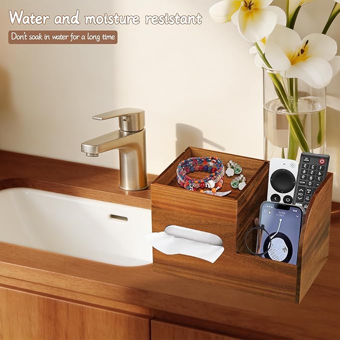 Tissue Box Cover Square, Acacia Wood Tissues Cube Box Holder with Storage Tray, Multifunctional Remote Control Holder Organizer for Bathroom, Vanity Countertop, Nightstand, Farmhouse Decor