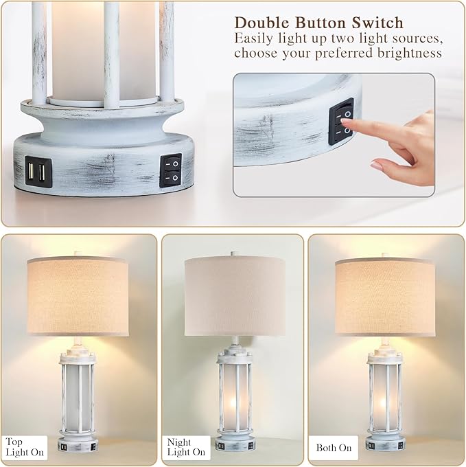25" Rustic Table Lamps Set of 2, Vintage Nightstand Lamps with 2 USB Ports, Farmhouse Antique White Desk Lamp with Glass Night Light for Living Room Bedroom Dorms, 4 Bulbs Included