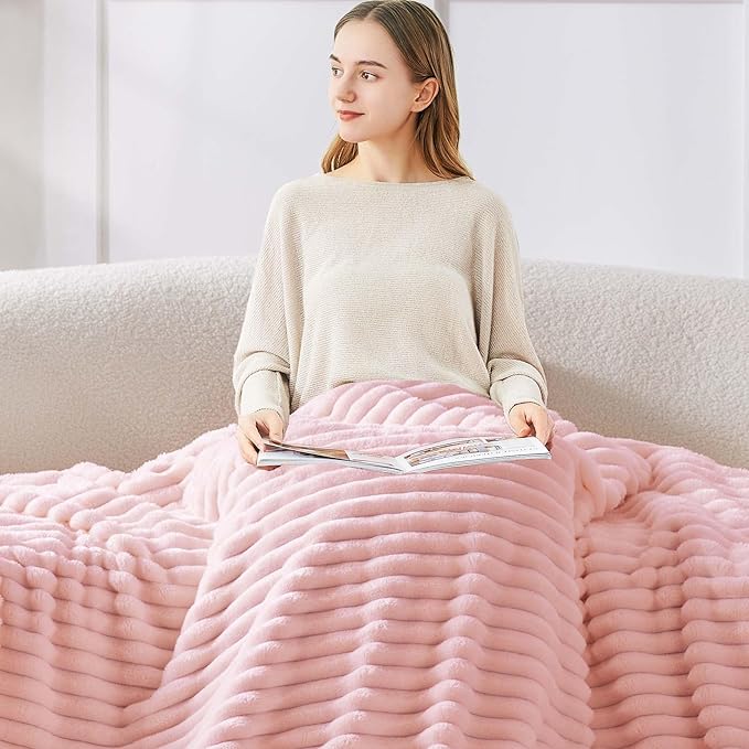 BEDELITE Blankets Queen Size for Bed, 300GSM Soft & Warm Fleece Blanket, Decorative and Giftable Striped Pink Blankets for Women, Men, 90"x90"