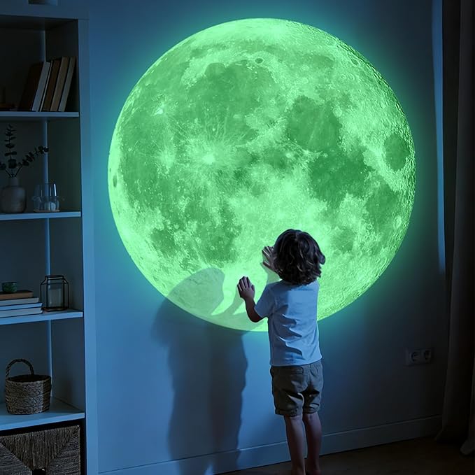 Huge Glow in The Dark Moon Wall Stickers 6 Sheets Night Luminous Full Moon Decals Peel and Stick Wall Decor for Kids Room Bedroom Living Room(51.18 inches × 50.39 inches) (Green)