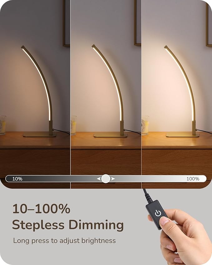 EDISHINE Curved LED Table Lamp, Modern Bedside Lamp with 3 Color Temperature & Stepless Dimming, Aluminum & Iron, Nightstand Lamp for Bedroom, Living Room, Gold
