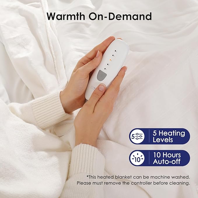 Heated Blanket Full Electric Blanket 72X84in - Fast Heating Blanket for Adults Ultra Soft Flannel Blankets with 5 Heat Levels & 10 Hrs Timer, Machine Washable, Bed Warm Blanket for Winter, White