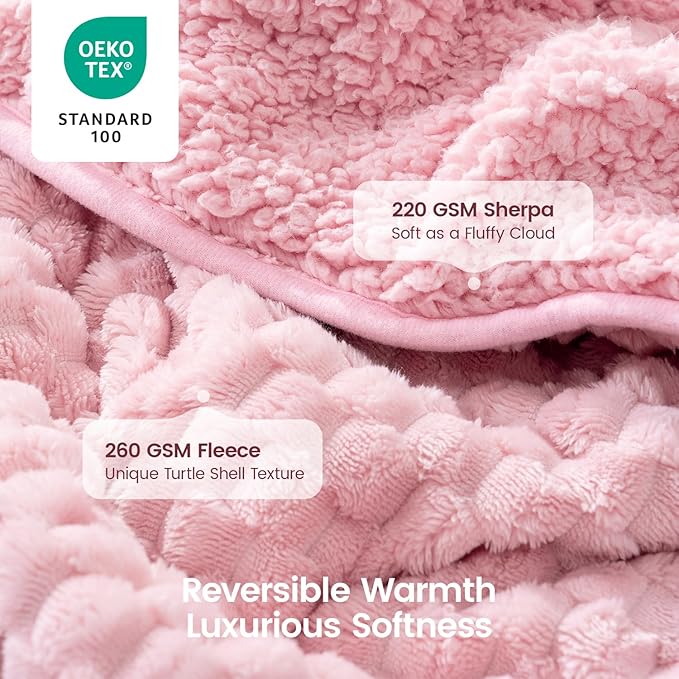 Super Fuzzy Soft Fleece Sherpa Weighted Blanket 15 lbs for Adults, 3D Imitation Turtle Shell Luxury Weighted Throw for Better Sleep, Dual Sided Cozy Heavy Blankets for Couch Bed, Pink, 48" x 72"
