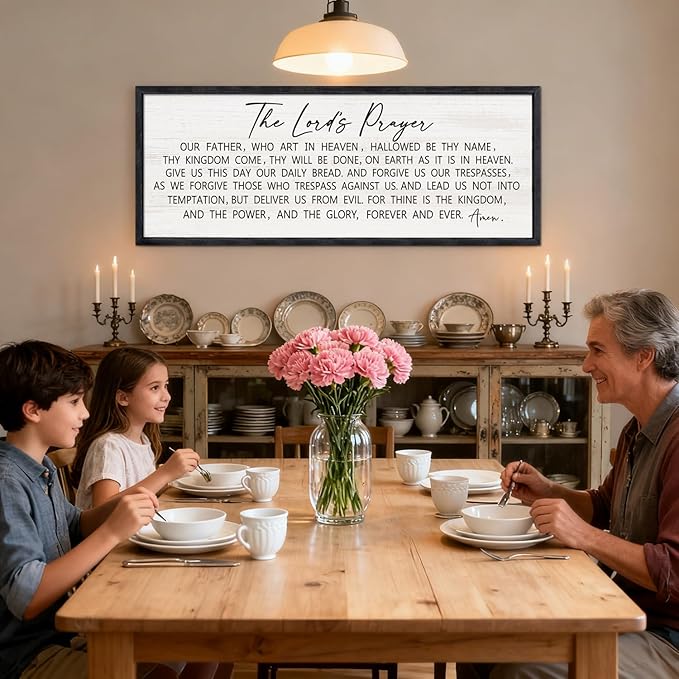 Our Father Prayer Bible Verse Framed Wall Art, 40''×15'' Black Horizontal Religious Christian Lords Prayer Sign for God Jesus Christ Prayer, Rustic Holy Inspirational Catholic Scripture Decor