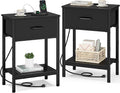 Vagusicc Nightstand Set of 2 with Charging Station, Bed Side Table with Fabric Drawer, Small End Table with 2-Tier Storage Shelves, 25.4" Tall Bedside Table, Black Night Stand for Bedroom, Living Room
